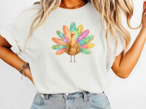 Charming Watercolor Turkey Preppy T-Shirt Design for Fall